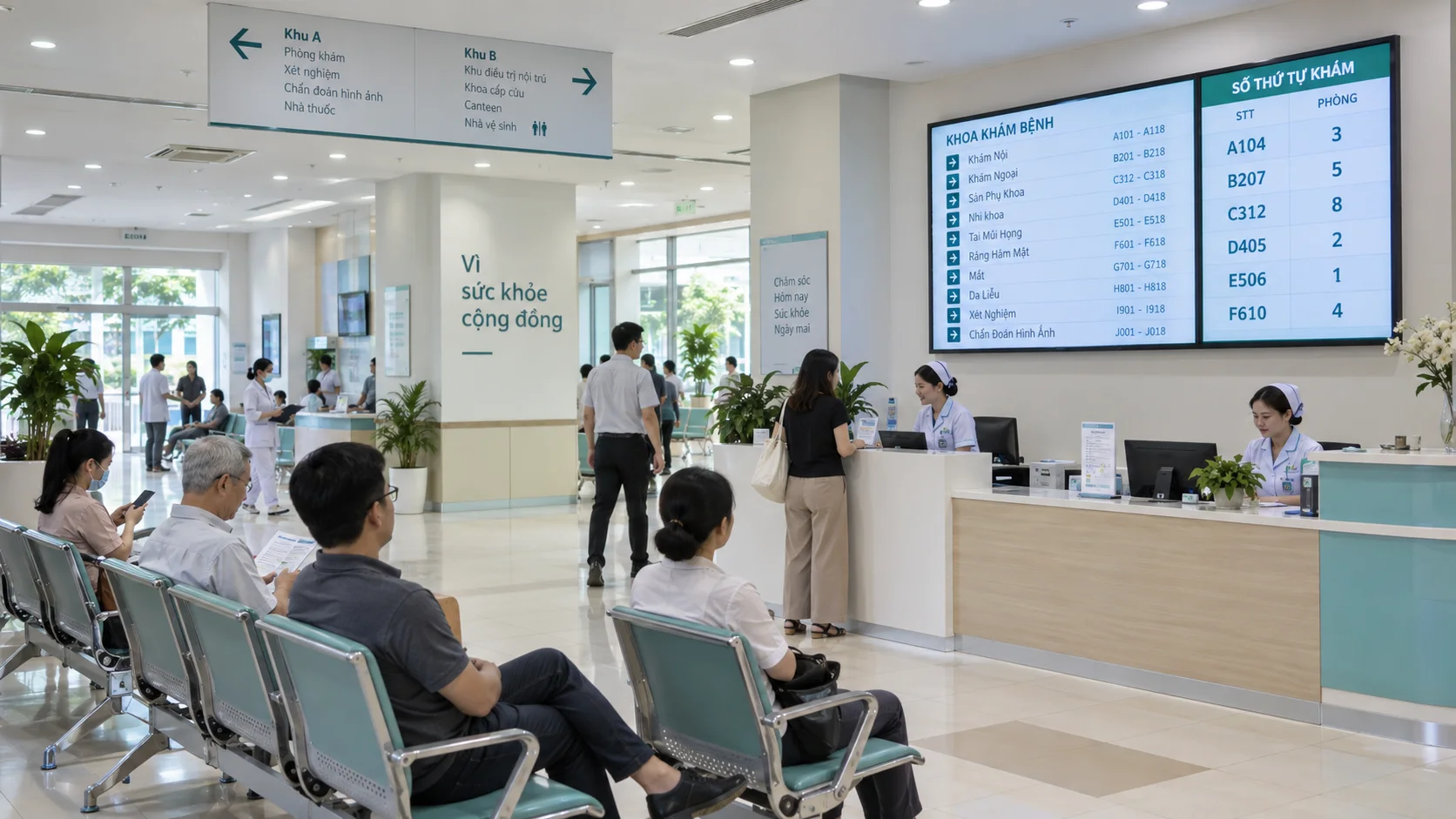 Minh họa digital signage cho bệnh viện và phòng khám: khu tiếp đón và màn hình thông tin