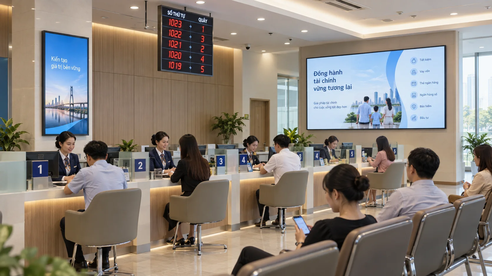 Minh họa digital signage cho ngân hàng và chi nhánh giao dịch: sảnh và khu vực chờ và màn hình thông tin
