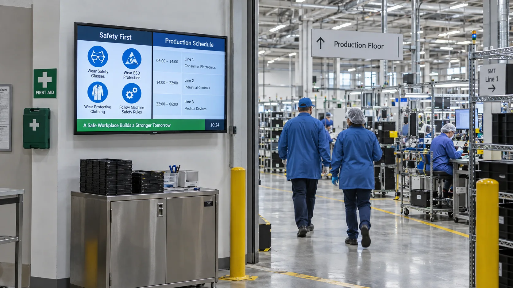 Minh họa digital signage cho nhà máy và kho vận: lối vào và điểm giao ca và màn hình thông tin